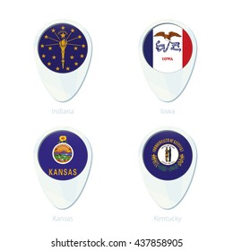 Indiana, Iowa, Kansas, Kentucky flag location map pin icon. Indiana State Flag, Iowa State Flag, Kansas State Flag, Kentucky State Flag. Vector Illustration.