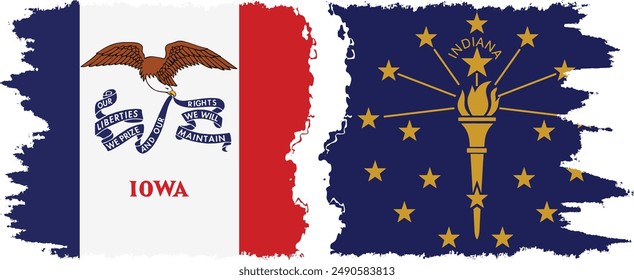 Indiana and Iowa states grunge brush flags connection, vector