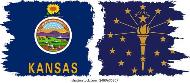 Indiana and Kansas states grunge brush flags connection, vector