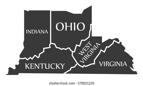 Indiana - Kentucky - West Virginia - Virginia - Ohio Map labelled black illustration