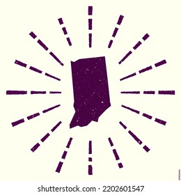 Indiana Logo. Grunge sunburst poster with map of the us state. Shape of Indiana filled with hex digits with sunburst rays around. Powerful vector illustration.