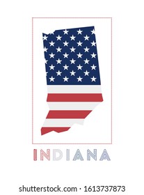 Indiana Logo. Map of Indiana with us state name and flag. Modern vector illustration.
