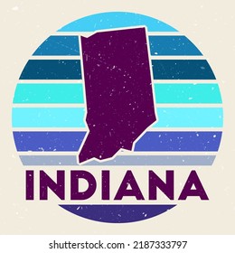 Indiana Logo. Unterschreiben Sie mit der Karte von uns Zustand und farbige Streifen, Vektorgrafik. Kann als Insignien, Logotyp, Etikett, Aufkleber oder Abzeichen der Indiana verwendet werden.