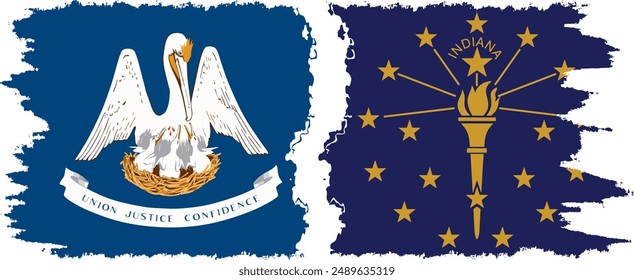 Indiana and Louisiana states grunge brush flags connection, vector