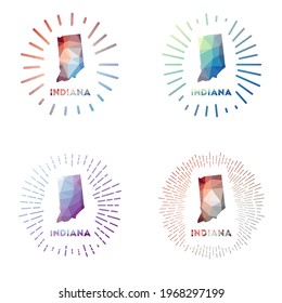 Indiana low poly sunburst set. Logo of US state in geometric polygonal style. Vector illustration.