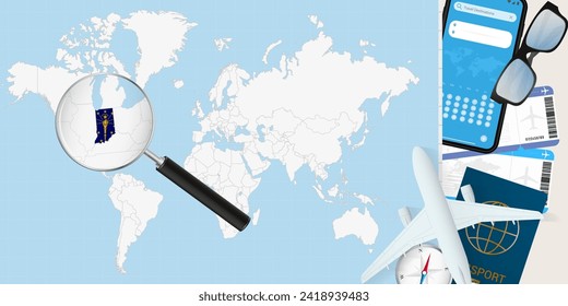 Indiana wird über eine Weltkarte vergrößert, Illustration mit Flugzeug, Pass, Bordkarte, Kompass und Brille. Vektorgrafik.