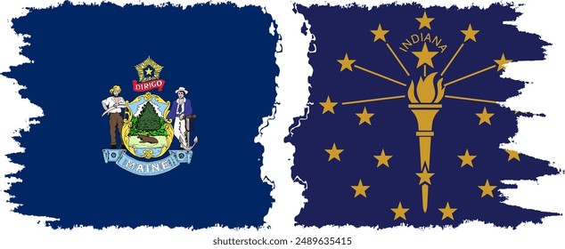 Indiana and Maine states grunge brush flags connection, vector