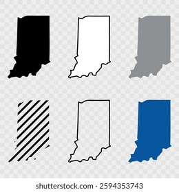 Indiana Map Black, State Border, United States, US America, Transparent Isolated, Variations. Vector. Indiana state isolated on background, USA map