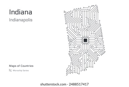 Indiana Map with a capital of Indianapolis Shown in a Microchip Pattern. Silicon valley, E-government. United States vector maps. Microchip Series	