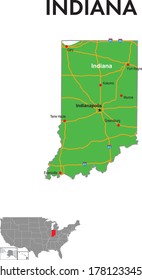 Indiana map. The map depicts the state capitals, major cities and highways.