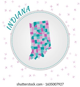 Indiana map design. Map of the US state with regions in emerald-amethyst color palette. Rounded travel poster to Indiana with US state name and airplanes background. Radiant vector illustration.