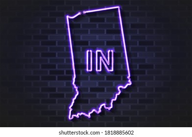 Mapa de Indiana de luz de neón brillante o tubo de vidrio. Ilustración vectorial realista. Muro de ladrillo negro, sombra suave.