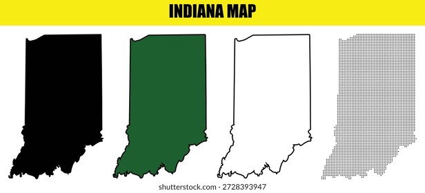 Conjunto de Ilustraciones de mapas de Indiana con diferentes estilos y Colores para fines educativos y de diseño
