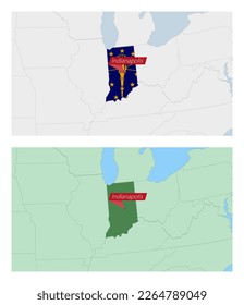 Indiana map with pin of country capital. Two types of Indiana map with neighboring countries. Vector template.