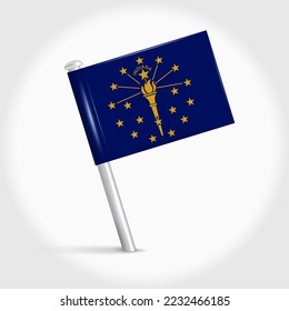 Indiana map pin flag icon. Pennant map marker on a metal needle. 3D realistic vector illustration.