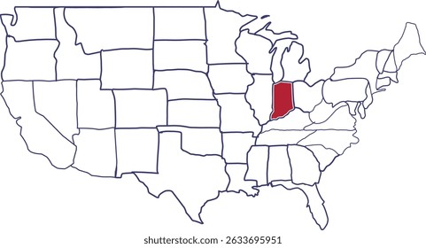 Mapa de Indiana em Vermelho, mapa da América destacando o estado de Indiana