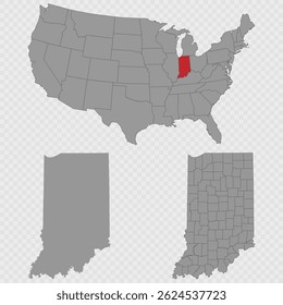 Indiana map set with USA location, clean outline, and full county breakdown.