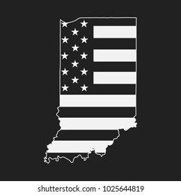 Indiana map shape with USA flag black and white color