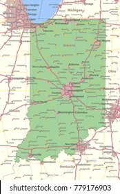 Indiana map. Shows state borders, urban areas, place names, roads and highways.
Projection: Mercator.