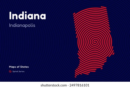 Indiana Map in Spiral Formation: Indianapolis Takes Center Stage. Fingerprint and stripes pattern. American states maps.