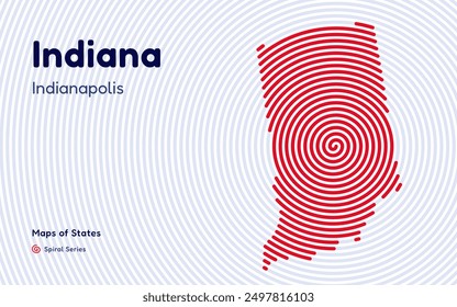 Indiana Map in Spiral Formation: Indianapolis Takes Center Stage. Fingerprint and stripes pattern. American states maps.