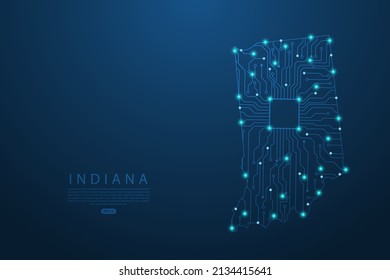 Indiana Map - United States of America Map vector with Abstract futuristic circuit board. High-tech technology mash line and point scales on dark background - Vector illustration ep 10
