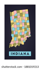 Mapa de Indiana. Afiche del estado de EEUU con las regiones. Forma de Indiana con el nombre de estado de los estados unidos. Potente ilustración vectorial.