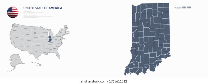 indiana map. u.s. states vector map of indiana. us states map. 