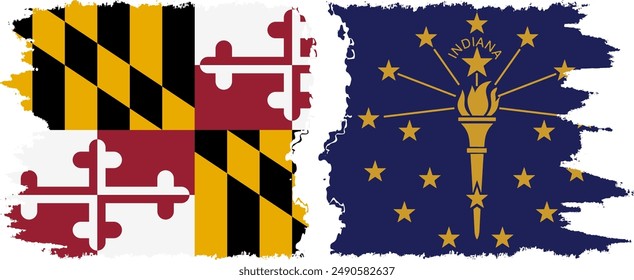 Indiana and Maryland states grunge brush flags connection, vector