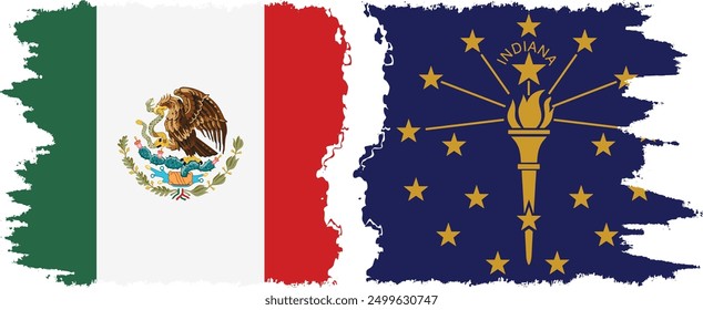 Indiana and Mexico grunge brush flags connection, vector