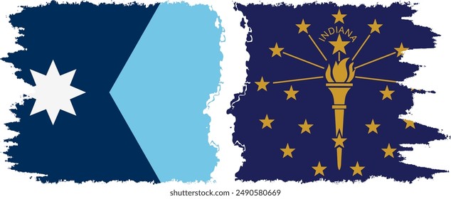 Indiana and Minnesota states grunge brush flags connection, vector