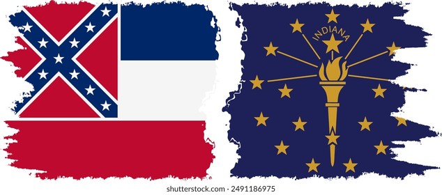 Indiana and Mississippi states grunge brush flags connection, vector