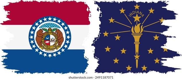 Indiana and Missouri states grunge brush flags connection, vector