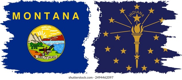 Indiana and Montana states grunge brush flags connection, vector