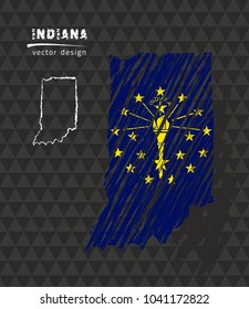 Indiana national vector map with sketch chalk flag. Sketch chalk hand drawn illustration