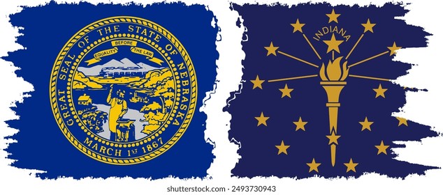 Indiana and Nebraska states grunge brush flags connection, vector