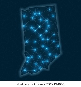 Mapa de la red Indiana. Mapa geométrico abstracto del estado de estados unidos. Conexiones digitales y diseño de telecomunicaciones. Red de Internet brillante. Potente ilustración vectorial.