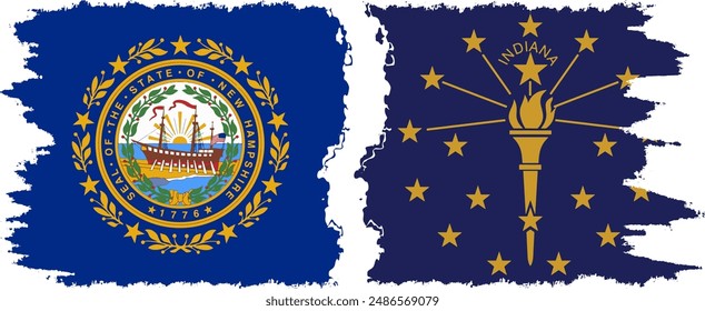 Indiana and New Hampshire states grunge brush flags connection, vector