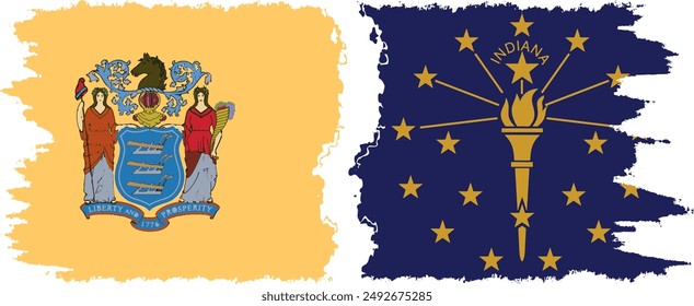 Indiana and New Jersey states grunge brush flags connection, vector