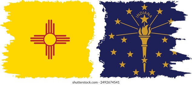 Indiana and New Mexico states grunge brush flags connection, vector