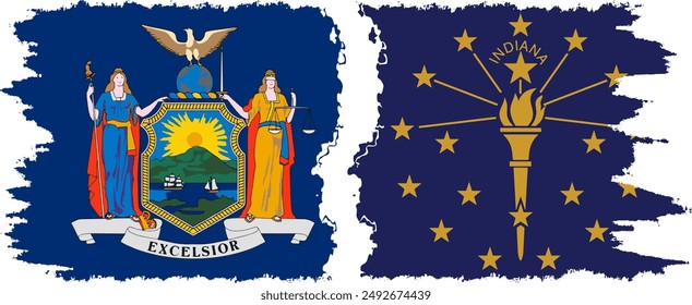 Indiana and New York states grunge brush flags connection, vector