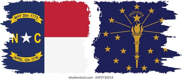 Indiana and North Carolina states grunge brush flags connection, vector