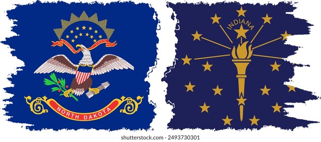 Indiana and North Dakota states grunge brush flags connection, vector