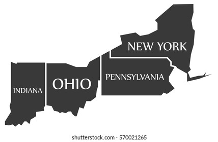 Indiana - Ohio - Pennsylvania - New York Map Labelled Black Illustration