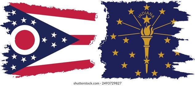 Indiana and Ohio states grunge brush flags connection, vector