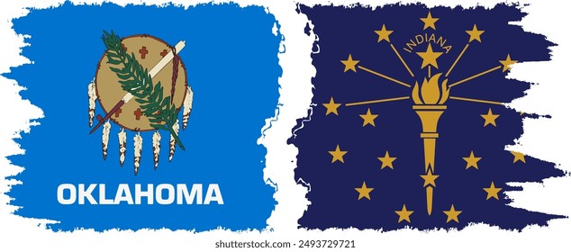 Indiana and Oklahoma states grunge brush flags connection, vector