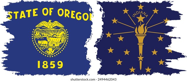 Indiana and Oregon states grunge brush flags connection, vector