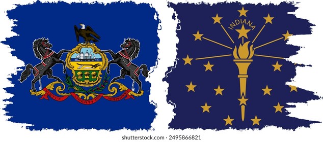 Indiana and Pennsylvania states grunge brush flags connection, vector