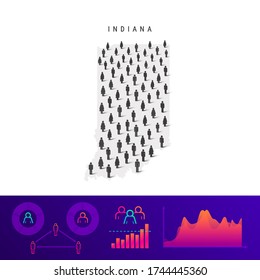 Indiana people map. Detailed vector silhouette. Mixed crowd of men and women icons. Population infographic elements. Vector illustration isolated on white.