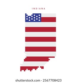 Indiana pixel flag map icon. 8 bit pixel art map covered with american flag. Flat vector illustration isolated on white background.